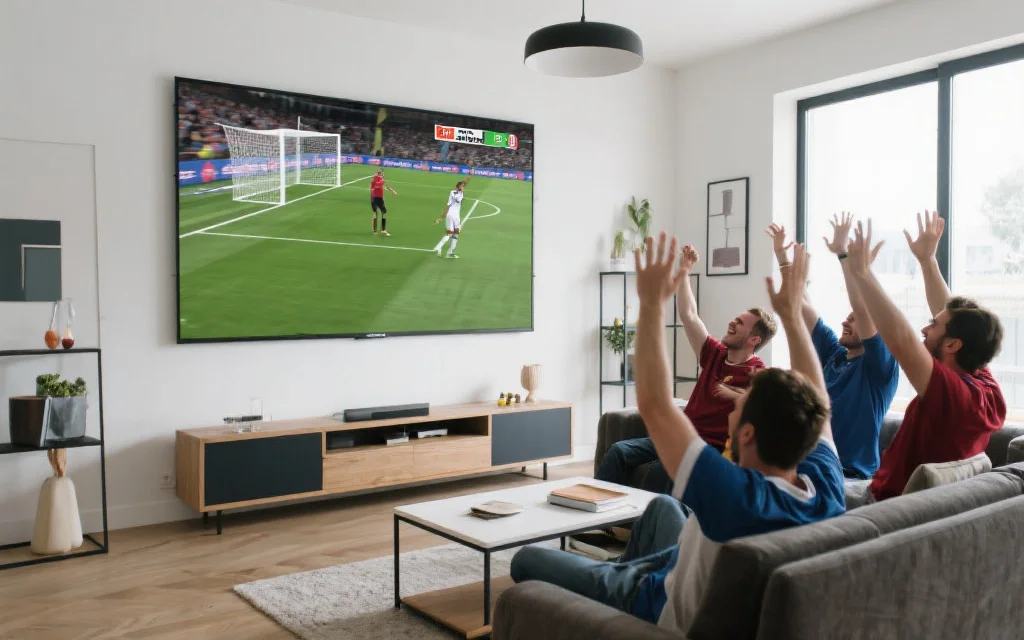 一个现代客厅里，墙上的大屏幕正在播放足球比赛的高光回放，几位球迷兴奋地举起手庆祝