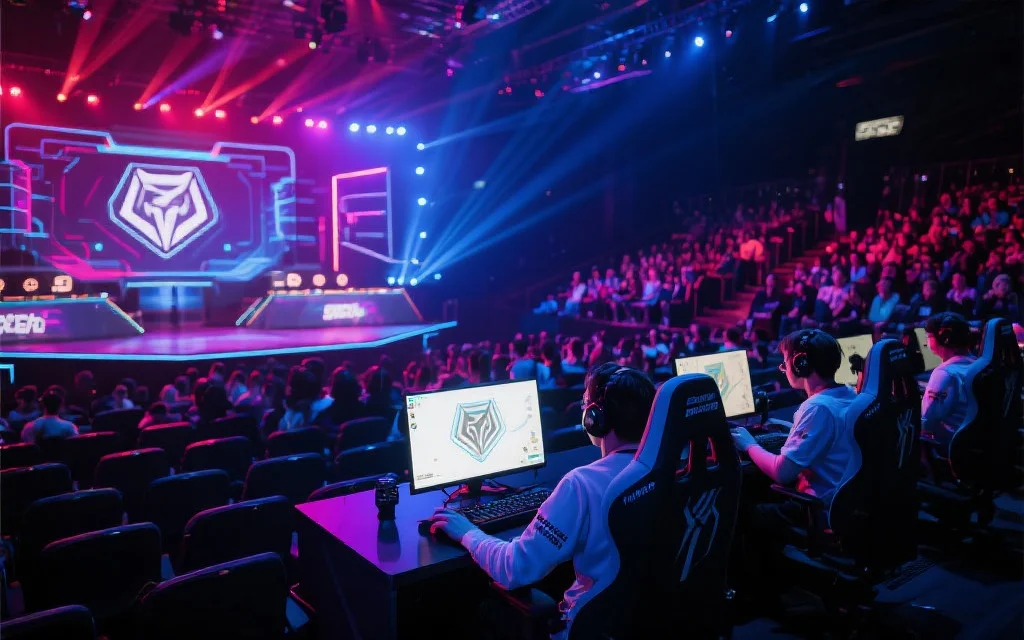 灯光绚烂的电竞舞台，几位选手专注于电脑屏幕，观众席座无虚席，背景突出科技感与年轻活力